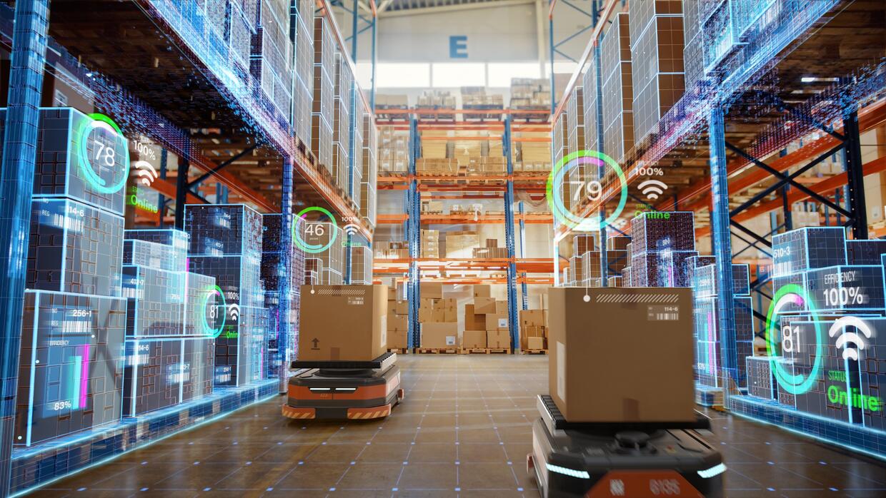 FUTURE TECHNOLOGY 3D CONCEPT OF AUTOMATED RETAIL WAREHOUSE WITH INFOGRAPHICS DELIVERING CARDBOARD BOXES IN DISTRIBUTION LOGISTICS CENTER.