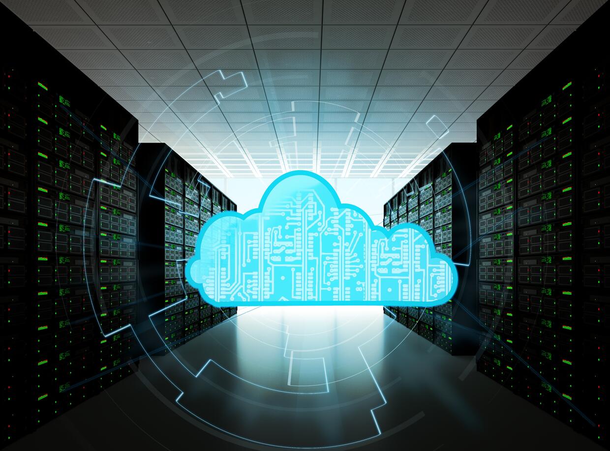 CLOUD COMPUTING CONCEPT REPRESENTED BY A SERVER ROOM, WITH A CLOUD REPRESENTATION HOLOGRAM CONCEPT.